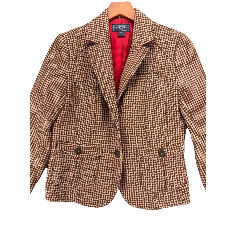 American Eagle VTG Wool Blend Tailored‎ Houndstooth Blazer Size M Dark Academia - Picture 3 of 16